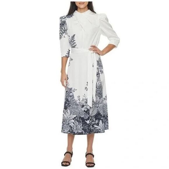Ryegrass Dresses & Skirts - NWT Floral Print Midi Dress in White with Black Botanical Print Women's Large